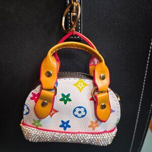 Multi-Color Flower Print on White PU Bag Charm